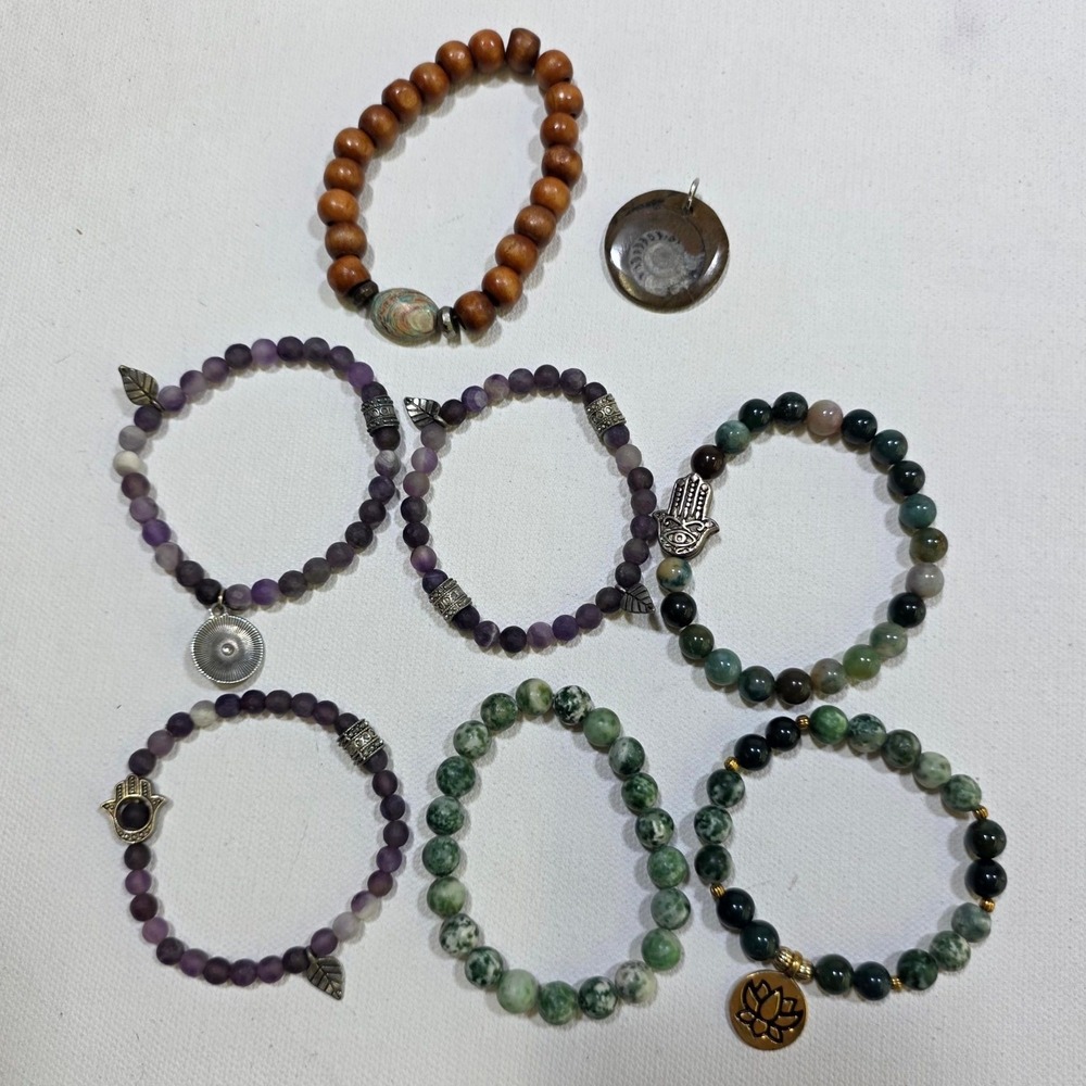 Beaded Bracelet Lot 7pc Pendant Purple Green Brown Hamsa Lotus Stone Wood Boho